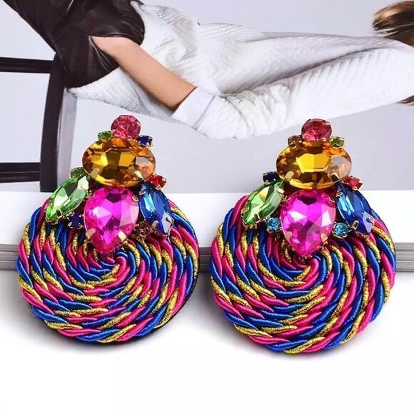 Colorful Crystal Handmade Round Rhinestone Earrings Exaggerated Statement - Picture 1 of 5